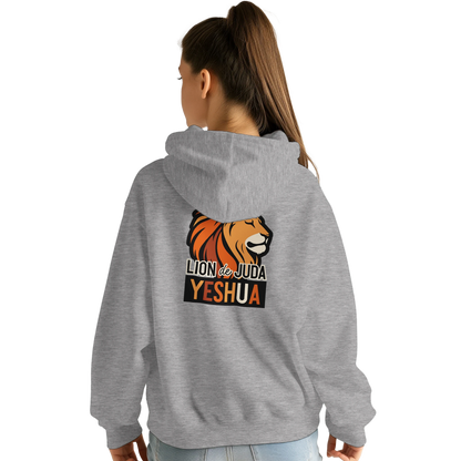 Sweat à capuche chrétien femme « Yeshua Lion de Juda » gris chiné dos