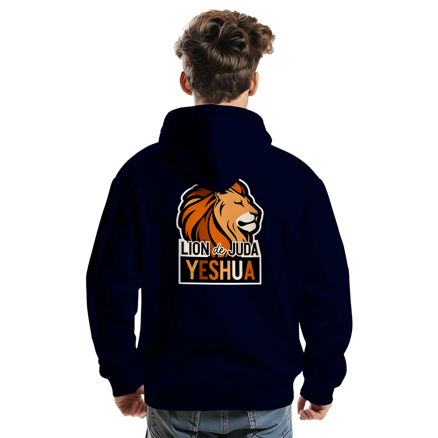 Sweat à capuche chrétien homme « Yeshua Lion de Juda » bleu marine dos