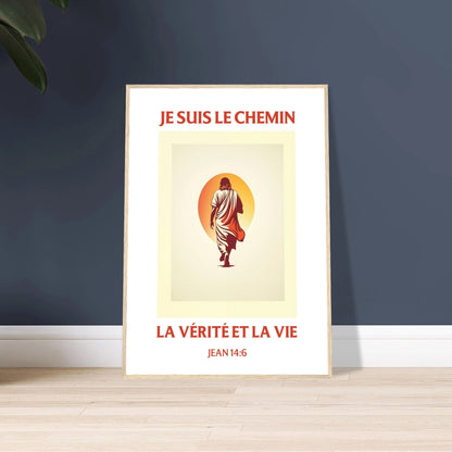 Poster chrétien premium encadré « Jean 14:6 » plan rapproché A1 cadre bois