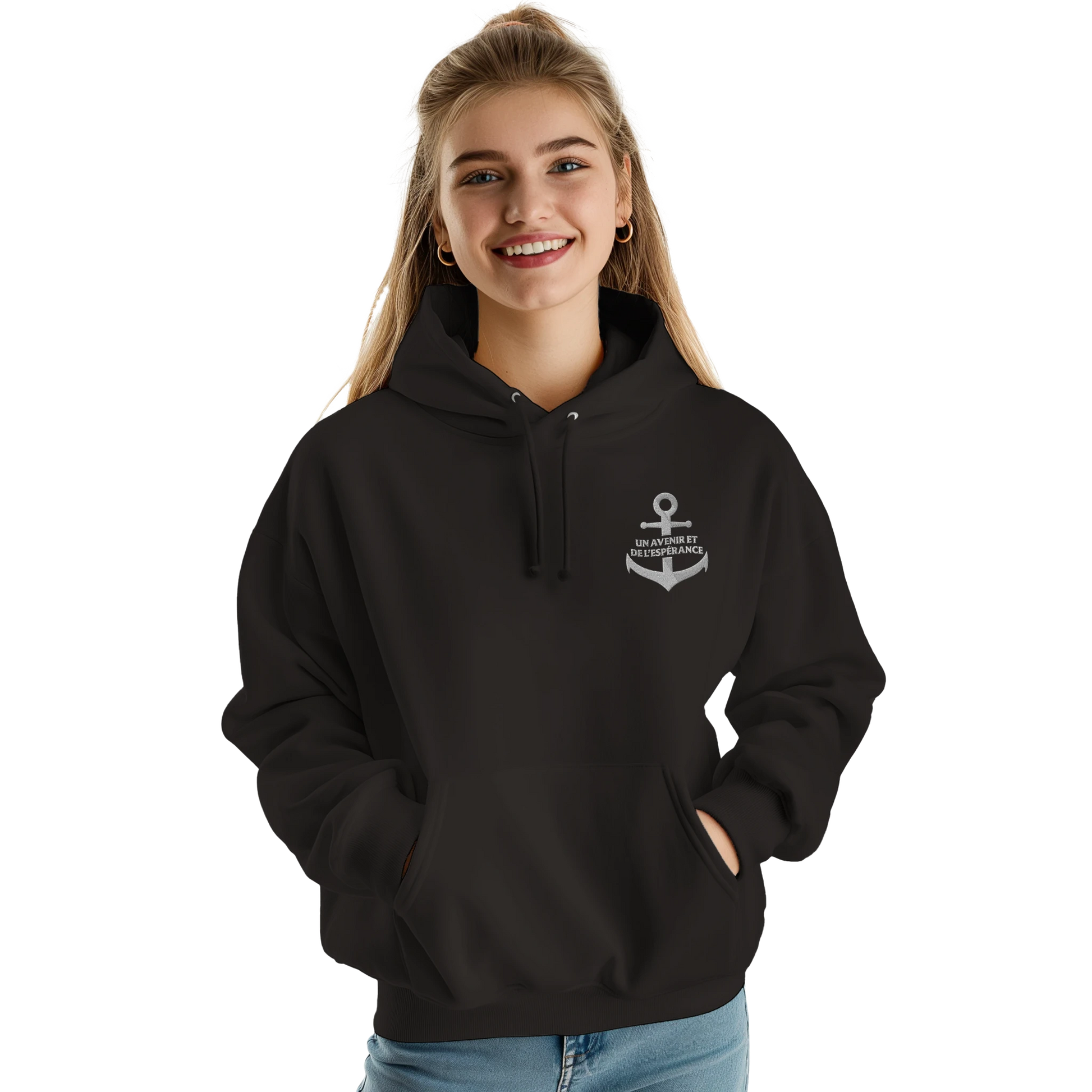 Sweat à capuche chrétien femme brodé « Jérémie 29:11 » noir face