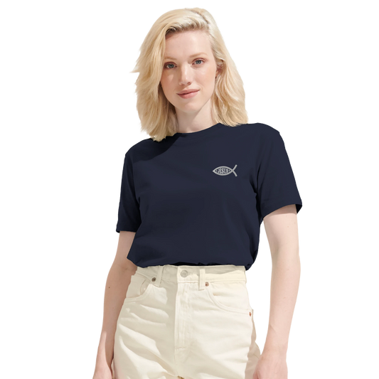 T-shirt chrétien femme brodé en coton bio « Ichthus » bleu marine face
