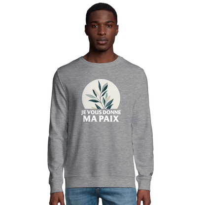 Sweat-shirt chrétien homme en coton bio « Jean 14:27 » gris chiné face