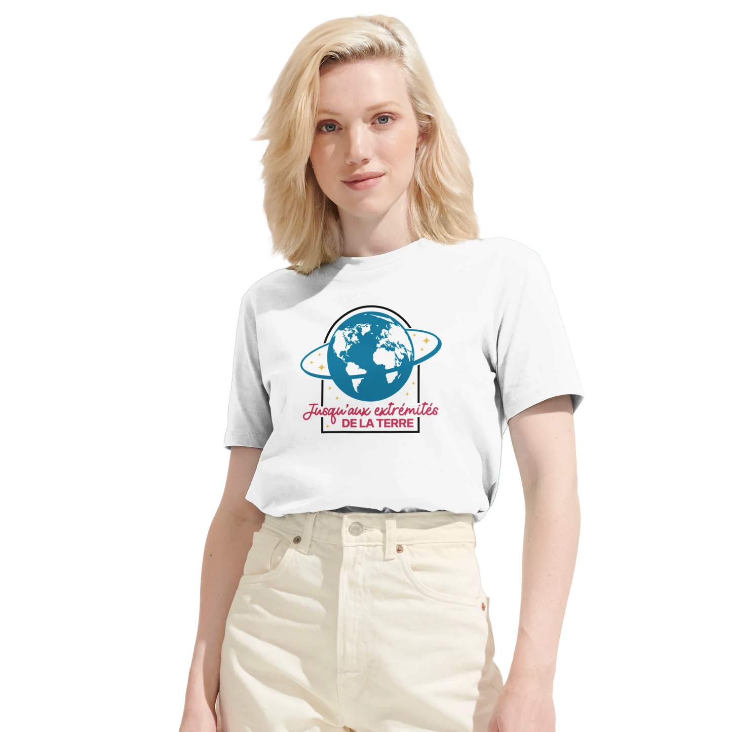 T-shirt chrétien femme en coton bio « Actes 1:8 » blanc face