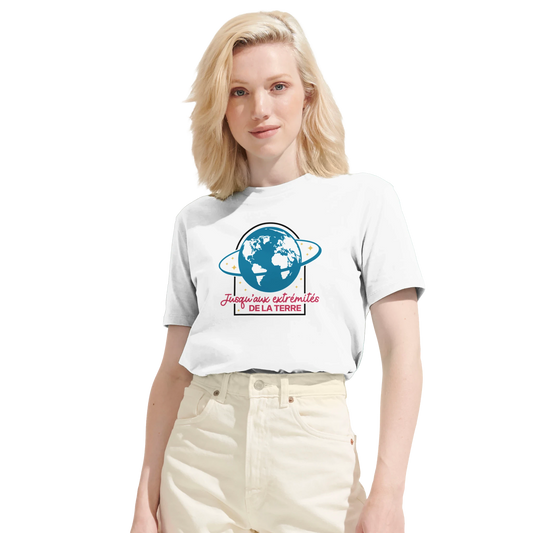 T-shirt chrétien femme en coton bio « Actes 1:8 » blanc face