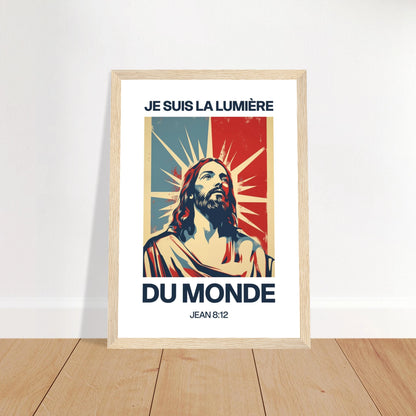 Poster chrétien premium encadré « Jean 8:12 » plan rapproché A4 cadre bois