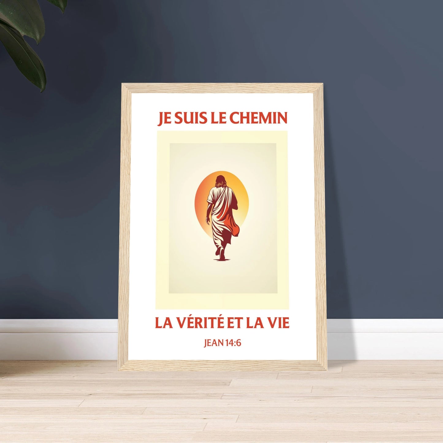 Poster chrétien premium encadré « Jean 14:6 » plan rapproché A4 cadre bois