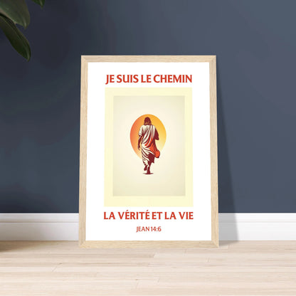 Poster chrétien premium encadré « Jean 14:6 » plan rapproché A4 cadre bois